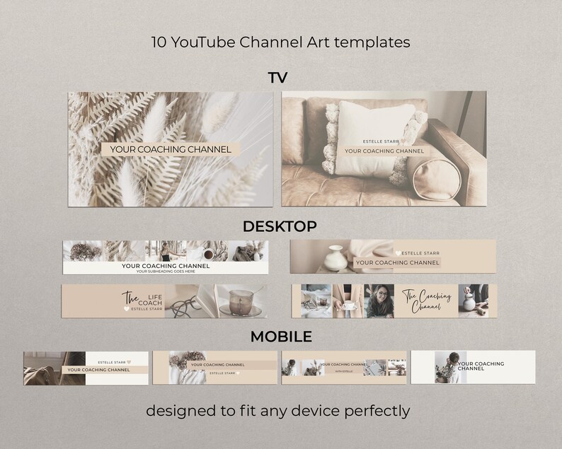 May include: Ten YouTube channel art templates designed to fit any device. The templates feature a neutral colour palette with beige, brown, and white tones. The text "YOUR COACHING CHANNEL" appears on each template.
