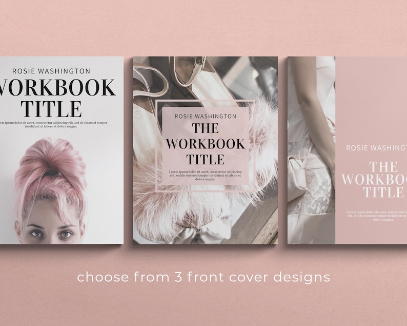 Pode incluir: Tr&ecirc;s designs de capa diferentes para um caderno de exerc&iacute;cios intitulado "The Workbook Title" de Rosie Washington. A primeira capa apresenta um close-up de uma mulher com cabelo rosa. A segunda capa apresenta uma bolsa branca felpuda e um fundo rosa. A terceira capa apresenta um vestido branco com detalhes em renda.