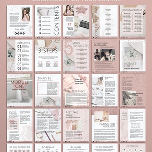 May include: A pink and white ebook template with a variety of page layouts for a course guidebook. The template includes pages for welcome, objectives, steps to success, overview, module one, simply be, feel the love, calming the body, what is mindfulness, rest the mind, caring for yourself, more peace less stress, 30-day challenge, roadmap, funnel, wheel diagram, and infographic.
