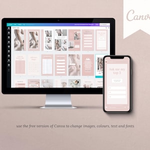May include: A computer screen displaying a Canva design template with a pink and white color scheme. The template includes a variety of text boxes, images, and graphics. The text on the screen says "Ask me my top 3". A mobile phone screen is also visible, displaying the same design template.