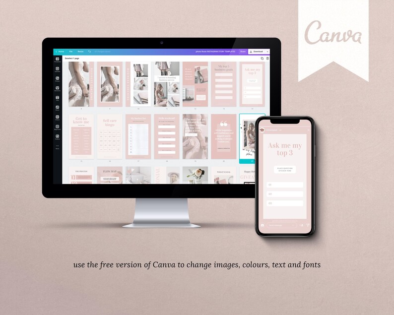 May include: A computer screen displaying a Canva design template with a pink and white color scheme. The template includes a variety of text boxes, images, and graphics. The text on the screen says "Ask me my top 3". A mobile phone screen is also visible, displaying the same design template.