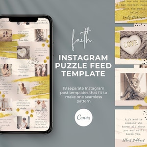 Puede incluir: Una plantilla de feed de rompecabezas de Instagram rosa y dorado con 18 cuadrados separados. Cada cuadrado presenta una cita, imagen o diseño diferente. La plantilla está diseñada para ser utilizada como un feed cohesivo en Instagram. El texto en la plantilla incluye citas de Emily Dickinson, John Muir, Elbert Hubbard y otros.