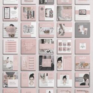 May include: A collection of 25 pink and gray Instagram post templates for a business owner. The templates feature text such as "Grab this free coaching business start-up pack", "The ultimate guide for small business owners", "How to build a successful brand", "How to launch an online course", "Three step sales funnel", "10 ways to be happy", "I creative ways to fund your online business", "Ask me anything", "Monthly business goal setting", "Testimonial", "Flow map", "Question", "This or that?", "Pyramid infographic", "Resources", "The process", "5 steps", "Grab your free workbook", "Trust the timing of your life", and "Sale".