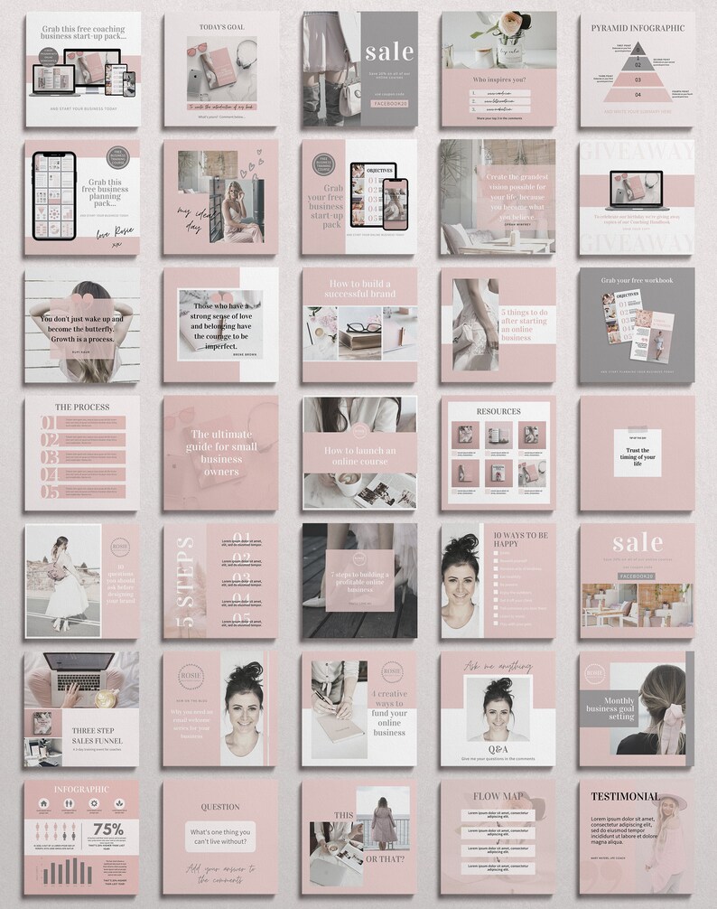 May include: A collection of 25 pink and gray Instagram post templates for a business owner. The templates feature text such as "Grab this free coaching business start-up pack", "The ultimate guide for small business owners", "How to build a successful brand", "How to launch an online course", "Three step sales funnel", "10 ways to be happy", "I creative ways to fund your online business", "Ask me anything", "Monthly business goal setting", "Testimonial", "Flow map", "Question", "This or that?", "Pyramid infographic", "Resources", "The process", "5 steps", "Grab your free workbook", "Trust the timing of your life", and "Sale".