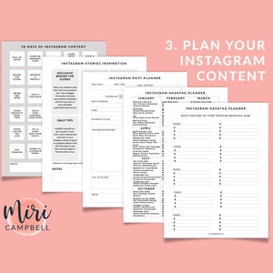 May include: A black and white printable planner for Instagram content. The planner includes sections for 30 days of Instagram content, Instagram stories inspiration, Instagram post planner, and Instagram hashtag planner. The planner also includes a section for daily tips and notes.