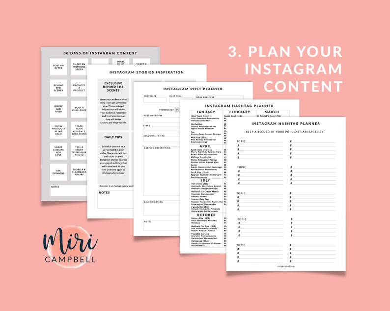 May include: A black and white printable planner for Instagram content. The planner includes sections for 30 days of Instagram content, Instagram stories inspiration, Instagram post planner, and Instagram hashtag planner. The planner also includes a section for daily tips and notes.