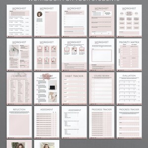 May include: A pink and white printable workbook template with a variety of pages for students, including worksheets, checklists, habit trackers, course reviews, evaluations, reflections, assessments, and progress trackers. The template also includes a congratulations and thank you page. The text "Mix and match these pages create a workbook for your students" is at the top of the image. The text "Both US Letter and A4 sizes included" is at the bottom of the image.
