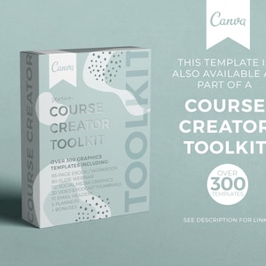 Puede incluir: Una caja blanca con un dise&ntilde;o gr&aacute;fico colorido y el texto "Course Creator Toolkit" en ella. La caja est&aacute; etiquetada con "M&aacute;s de 300 plantillas gr&aacute;ficas, que incluyen: libro electr&oacute;nico/cuaderno de trabajo de 85 p&aacute;ginas, seminario web de 80 diapositivas, 110 gr&aacute;ficos de redes sociales, 20 miniaturas de video y podcast, 10 encabezados de correo electr&oacute;nico, 5 planificadores, + bonificaciones".
