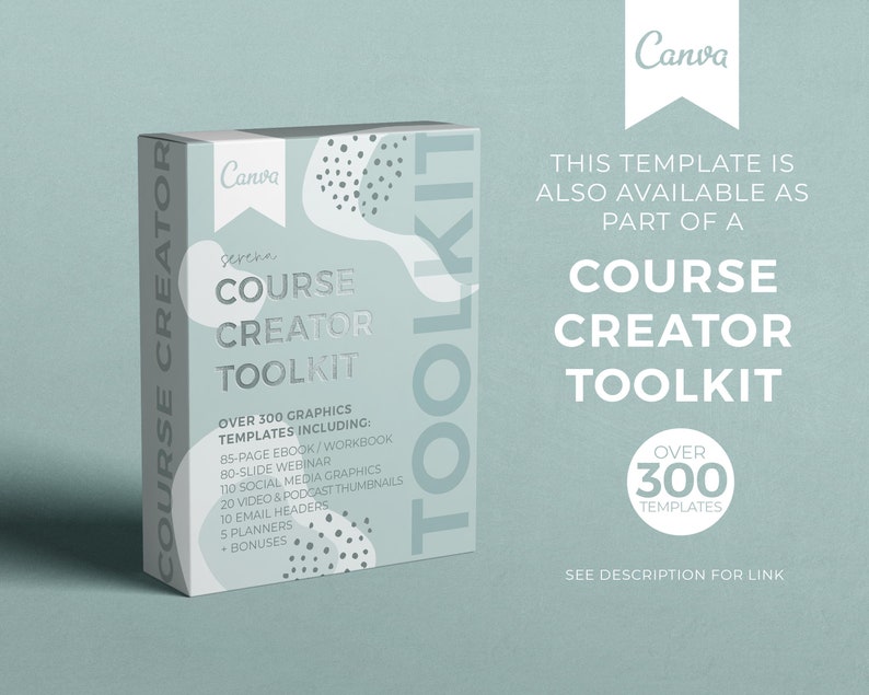 Puede incluir: Una caja blanca con un dise&ntilde;o gr&aacute;fico colorido y el texto "Course Creator Toolkit" en ella. La caja est&aacute; etiquetada con "M&aacute;s de 300 plantillas gr&aacute;ficas, que incluyen: libro electr&oacute;nico/cuaderno de trabajo de 85 p&aacute;ginas, seminario web de 80 diapositivas, 110 gr&aacute;ficos de redes sociales, 20 miniaturas de video y podcast, 10 encabezados de correo electr&oacute;nico, 5 planificadores, + bonificaciones".