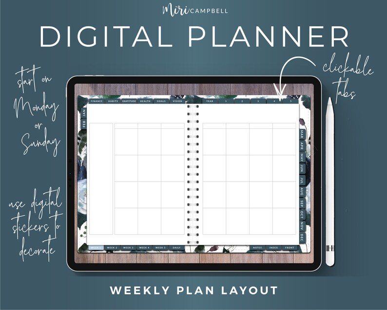 Digital planner for Goodnotes 5 on iPad. Undated planner for use with Goodnotes. Digital stickers. Undated digital planner. iPad planner, weekly planner, goal tracker, gratitude tracker, habit tracker, finance tracker, vision board, health tracker