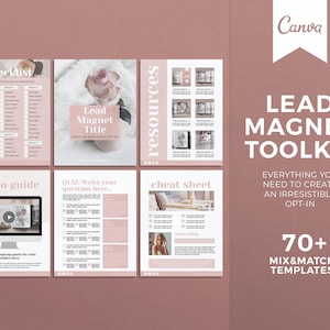 May include: A pink and white lead magnet toolkit with 70+ mix and match templates. The toolkit includes a checklist, video guide, quiz, cheat sheet, and resources. The text "Lead Magnet Toolkit" is in a large, bold font.
