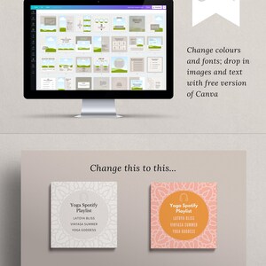 May include: A computer screen displaying a Canva design template for a yoga Spotify playlist. The template features a white background with a green and brown landscape design. The text "Yoga Spotify Playlist" is displayed in a black font. The text "LATOYA BLISS, VINYASA SUMMER, YOGA GODDESS" is displayed in a smaller black font. The template is surrounded by a white border.