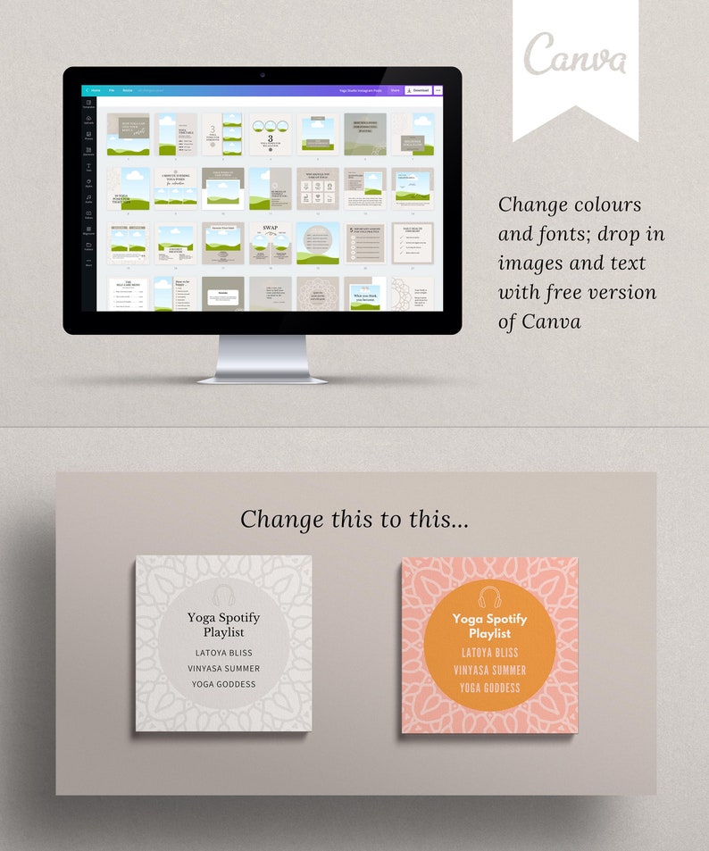 May include: A computer screen displaying a Canva design template for a yoga Spotify playlist. The template features a white background with a green and brown landscape design. The text "Yoga Spotify Playlist" is displayed in a black font. The text "LATOYA BLISS, VINYASA SUMMER, YOGA GODDESS" is displayed in a smaller black font. The template is surrounded by a white border.