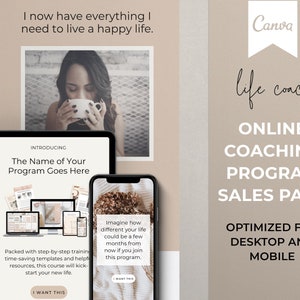 Plantilla de página de ventas del curso de coaching, plantilla Canva, plantilla de página de destino de ventas, plantilla de programa de coaching, embudo de ventas, coach de vida