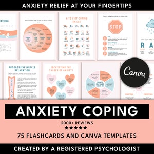 Cartes mémoire sur la capacité d'adaptation à l'anxiété, Modèles sur toile, Cartes de capacité d'adaptation à l'anxiété, Cartes de déclaration pour faire face à l'anxiété, Modèles de thérapie de santé mentale