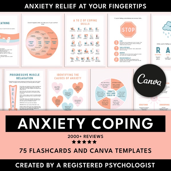 Anxiety Coping Skill Flashcard Canva Templates, Anxiety Coping Skill Cards, Anxiety Coping Statement Cards, Mental Health Therapy Templates