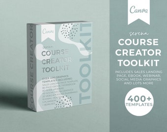 May include: A box with a teal background and a white box on top. The white box has a graphic design with circles and a teal abstract shape. The text on the box reads "Course Creator Toolkit" and "Over 400 Graphics Templates Including: Sales Landing Page Template, 85-Page Ebook/Workbook, 80-Slide Webinar, 110 Social Media Graphics, 20 Video & Podcast Thumbnails, 10 Email Headers, 5 Planners + Bonuses". The text on the teal background reads "Canva Serena Course Creator Toolkit Includes Sales Landing Page, Ebook, Webinar, Social Media Graphics and Lots More 400+ Templates".
