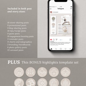 May include: A set of 12 minimalist Instagram highlight covers with a beige background and white line drawings. The designs include a tree, a lotus flower, a hand with an eye, a hand with a heart, a yin yang symbol, an om symbol, a mandala, a hand with a finger pointing up, and a knot. The text "PLUS This BONUS highlights template set" is at the top of the image.