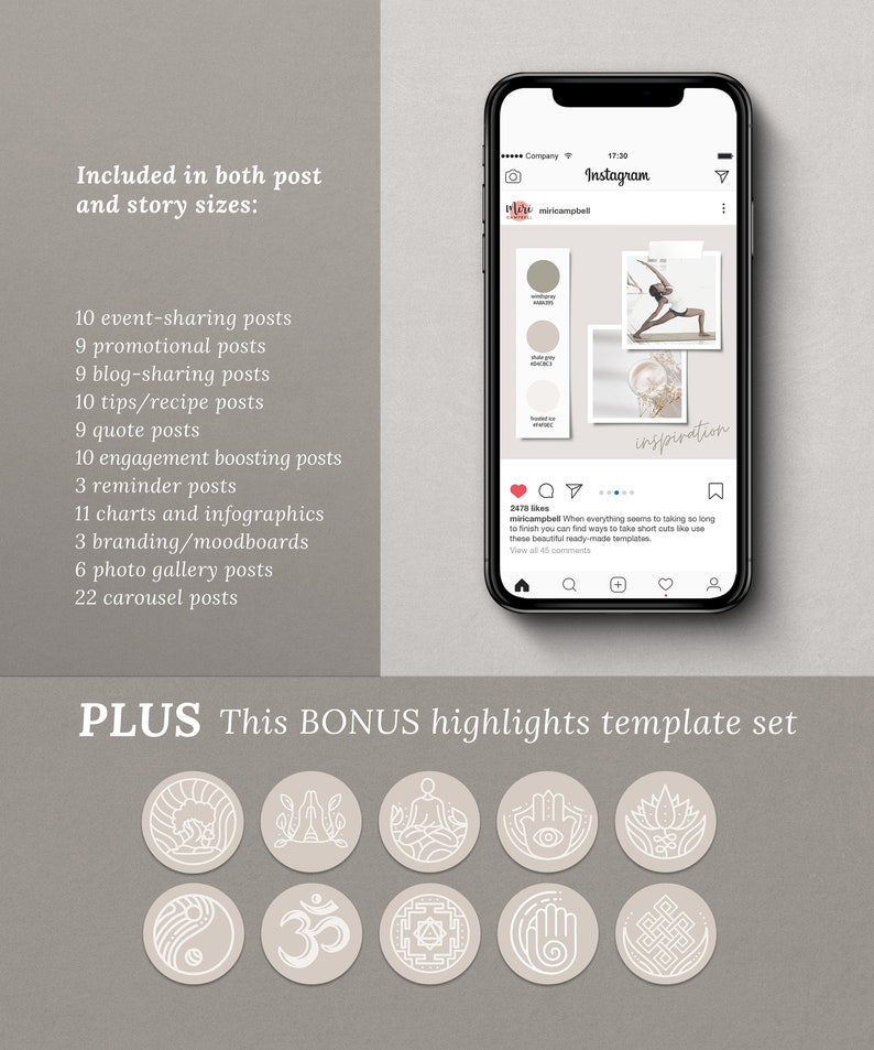 May include: A set of 12 minimalist Instagram highlight covers with a beige background and white line drawings. The designs include a tree, a lotus flower, a hand with an eye, a hand with a heart, a yin yang symbol, an om symbol, a mandala, a hand with a finger pointing up, and a knot. The text "PLUS This BONUS highlights template set" is at the top of the image.