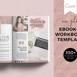 May include: A rose gold ebook and workbook template with 100+ mix and match pages. The cover features a laptop, a cup of coffee, and a quote that says "Place an inspiring quote for your readers here."