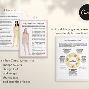 self compassion, self-compassion, canva templates, therapy tool, therapy workbook, therapy worksheets, therapist resources, therapy resources, counselor resources, counselor worksheets, counselor tool, miri campbell