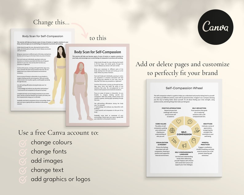 self compassion, self-compassion, canva templates, therapy tool, therapy workbook, therapy worksheets, therapist resources, therapy resources, counselor resources, counselor worksheets, counselor tool, miri campbell