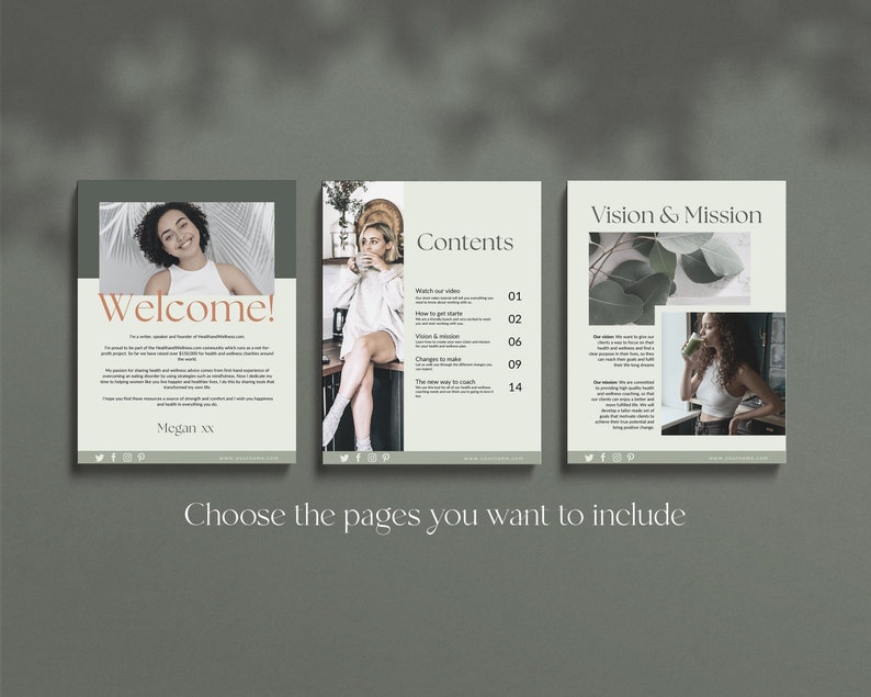 Health and wellness workbook Canva templates with content done for you. Health workbook template, wellness workbook template, health ebook template, wellness ebook template. Pale green ebook Canva templates for health and wellness. Health coach ebook