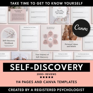 SELF-discovery workbook, self discovery, self discovery workbook, self discovery worksheets, therapy tools, therapy worksheets, therapist tools, therapist worksheets, counselor worksheets, counselor business, canva templates, psychologist
