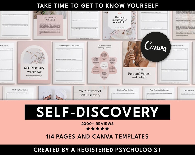 SELF-discovery workbook, self discovery, self discovery workbook, self discovery worksheets, therapy tools, therapy worksheets, therapist tools, therapist worksheets, counselor worksheets, counselor business, canva templates, psychologist