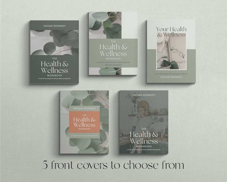 Health and wellness workbook Canva templates with content done for you. Health workbook template, wellness workbook template, health ebook template, wellness ebook template. Pale green ebook Canva templates for health and wellness. Health coach ebook