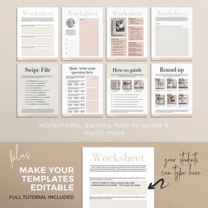 K&ouml;nnte beinhalten: Eine rosa und wei&szlig;e druckbare Arbeitsblattvorlage mit dem Text "Make Your Templates Editable" und "Full Tutorial Included". Das Arbeitsblatt ist so konzipiert, dass es bei der Erstellung von Online-Kursen f&uuml;r Unternehmer hilft. Der Text "Your students can type here" ist auf dem Arbeitsblatt enthalten.