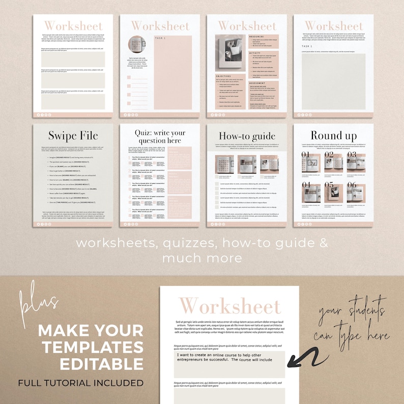 K&ouml;nnte beinhalten: Eine rosa und wei&szlig;e druckbare Arbeitsblattvorlage mit dem Text "Make Your Templates Editable" und "Full Tutorial Included". Das Arbeitsblatt ist so konzipiert, dass es bei der Erstellung von Online-Kursen f&uuml;r Unternehmer hilft. Der Text "Your students can type here" ist auf dem Arbeitsblatt enthalten.