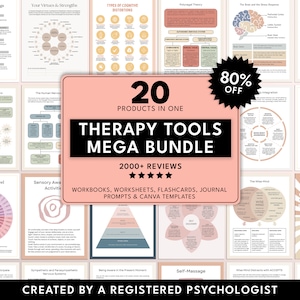 Op de afbeelding: Een roze en witte afbeelding met de tekst "20 producten in één Therapie Tools Mega Bundel 2000+ beoordelingen" en een 5-sterrenbeoordeling. De afbeelding bevat een verscheidenheid aan kleurrijke illustraties met betrekking tot geestelijke gezondheid en therapie, waaronder een gevoelenswiel, een diagram van het menselijk zenuwstelsel en een diagram van de wijze geest.