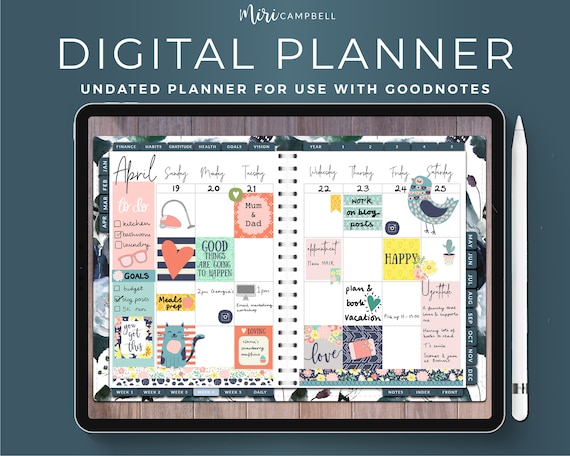 Navy Roses Digital Planner: Undated Journal, Goodnotes Template (Digital Download)