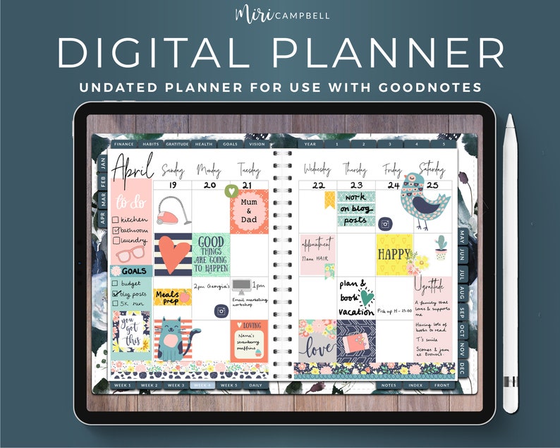 Digital planner for Goodnotes 5 on iPad. Undated planner for use with Goodnotes. Digital stickers. Undated digital planner. iPad planner, weekly planner, goal tracker, gratitude tracker, habit tracker, finance tracker, vision board, health tracker