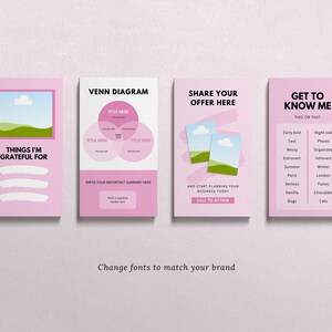 May include: Four pink vertical templates with white text and graphics. The templates include a Venn diagram, a section to share an offer, a section to get to know someone, and a section for gratitude. The text includes "Things I'm grateful for" and "Get to know me."