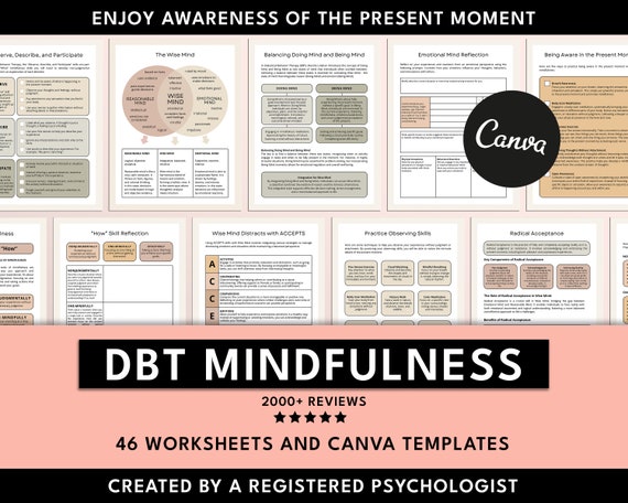 DBT Mindfulness Worksheets: Wise Mind, Skills, Resources (Canva Templates)