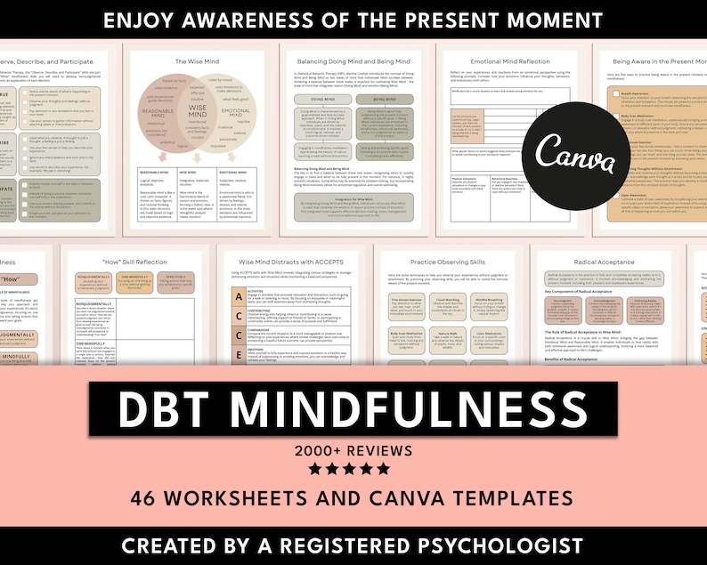 DBT Mindfulness tool, mindfulness resources, mindfulness worksheets, mindfulness workbook, canva templates, dbt resources, dbt tools, therapy worksheets, therapy tools, therapist worksheets, therapist resource, therapy business, miri campbell