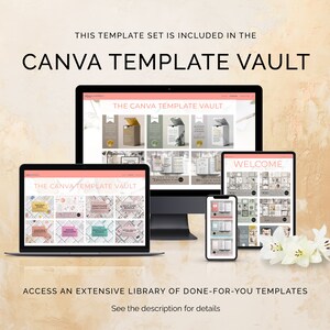 Może przedstawiać: Ekran komputera, laptop, tablet i smartfon wyświetlają tę samą stronę internetową "The Canva Template Vault". Strona internetowa zawiera r&oacute;żne szablony do użycia w Canva. Tekst "ACCESS AN EXTENSIVE LIBRARY OF DONE-FOR-YOU TEMPLATES" jest wyświetlany pod urządzeniami. Tekst "See the description for details" jest wyświetlany pod poprzednim tekstem.