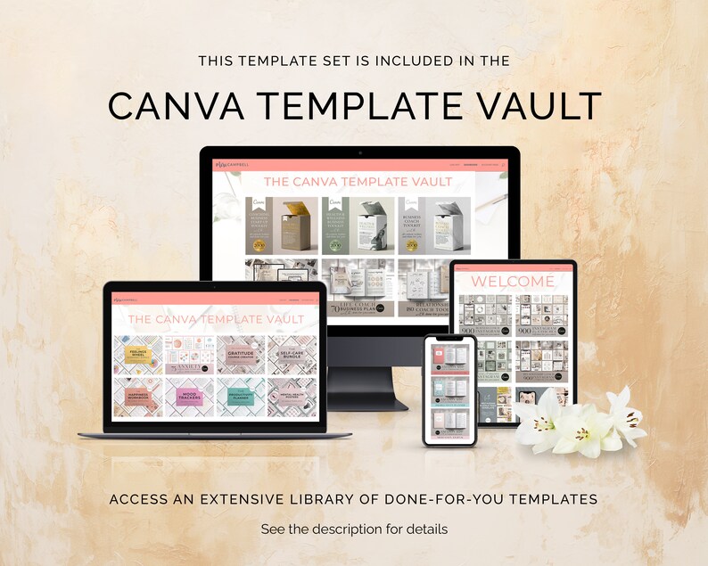 Może przedstawiać: Ekran komputera, laptop, tablet i smartfon wyświetlają tę samą stronę internetową "The Canva Template Vault". Strona internetowa zawiera r&oacute;żne szablony do użycia w Canva. Tekst "ACCESS AN EXTENSIVE LIBRARY OF DONE-FOR-YOU TEMPLATES" jest wyświetlany pod urządzeniami. Tekst "See the description for details" jest wyświetlany pod poprzednim tekstem.