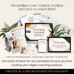 Op de afbeelding: Een digitale coaching-sjabloonbibliotheek met een verscheidenheid aan sjablonen voor coaches, waaronder een welkomstpagina, een levensrad, een giveaway-sjabloon en een journalsjabloon. De sjablonen zijn ontworpen in een minimalistische stijl met neutrale kleuren en abstracte vormen.