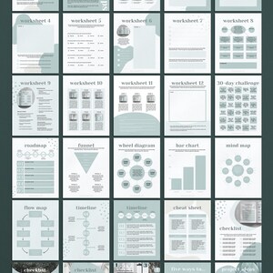 Puede incluir: Un conjunto de hojas de trabajo y plantillas imprimibles para el establecimiento de objetivos, la planificaci&oacute;n y la productividad. Las hojas de trabajo presentan un esquema de color verde y blanco con un dise&ntilde;o minimalista. Las plantillas incluyen una hoja de ruta, un embudo, un diagrama de rueda, un diagrama de barras, un mapa mental, un diagrama de flujo, una l&iacute;nea de tiempo, una hoja de trucos, una lista de verificaci&oacute;n e ideas de proyectos.