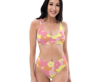 Bikini retro floral de cintura alta, color rosa, ecológico
