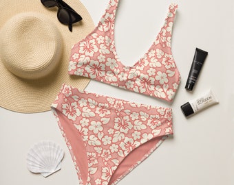 Rosa Hibisco Bikini de Cintura Alta Aerógrafo Estampado Hawaiano Eco Friendly