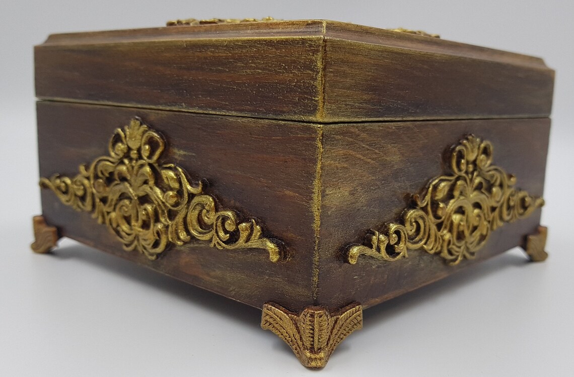Wooden jewelry box golden antique vintage jewelry box Etsy