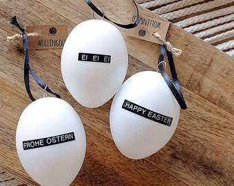 3 Stück Ostereier zum aufhängen mit Text/Name für die Osterdeko in schwarz-weiß, minimalistische Ostereier personalisiert