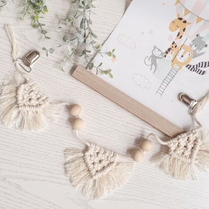 Macramé kinderwagenketting houten clip metalen clip - 21 kleuren - Bohemian baby Boho houten katoenen speelboog Maxicosi hanger babyfeestje