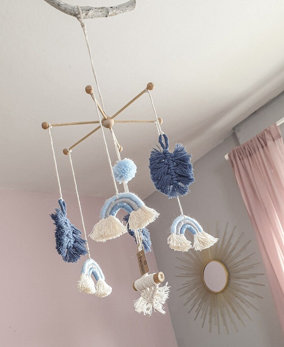 Macrame Baby Mobile Rainbow Wood Feather Custom Etsy