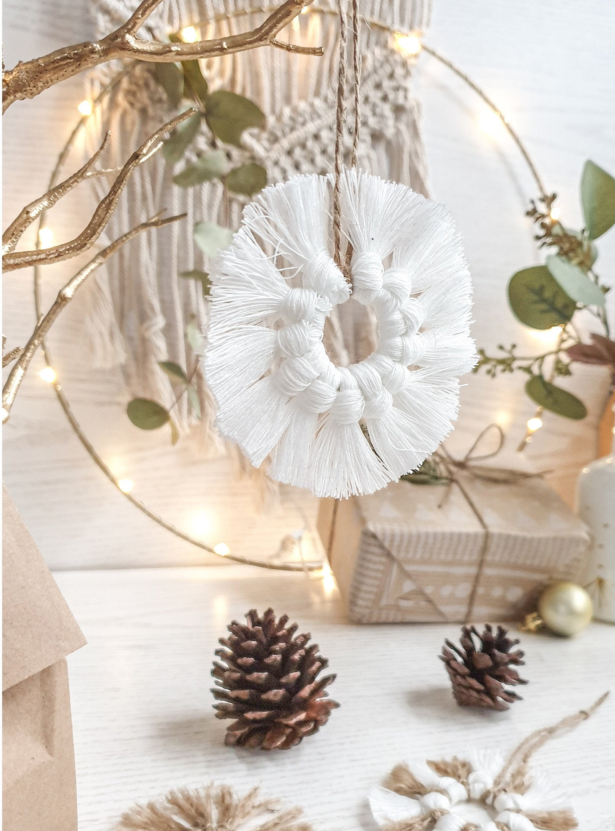 Macrame Arbre d'ornement d'arbre de Décoration Boho Pendentif Couronne d'étiquette Noel