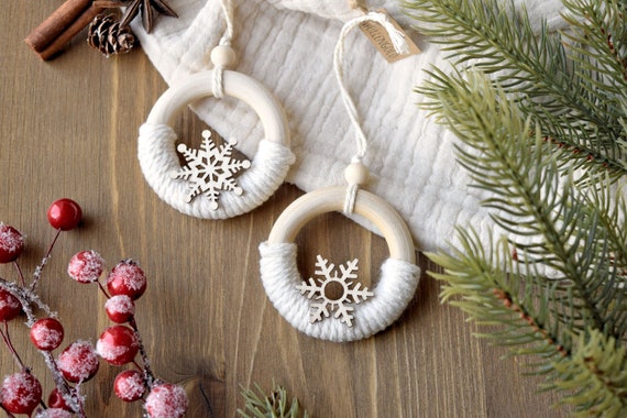 Set of 2 Macrame Christmas Ornaments With Wooden Ring and Snowflake,  Sustainable Christmas Tree Decor 